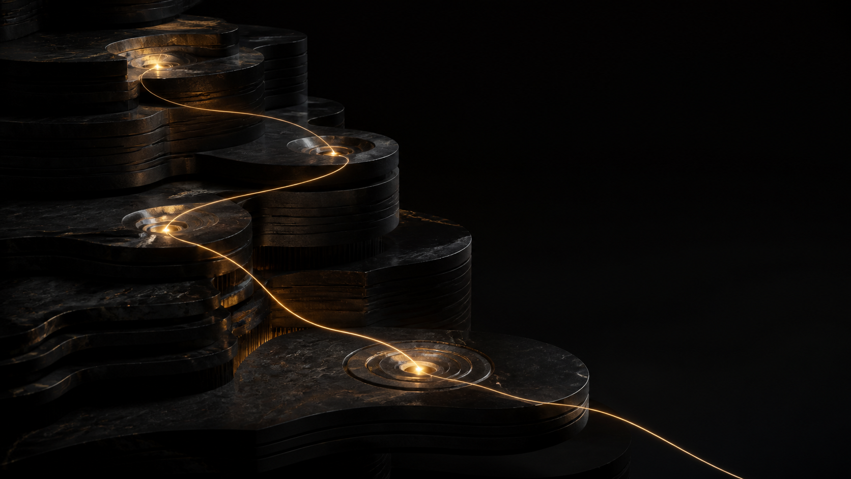 A fine gold thread connecting points through layered dark forms.